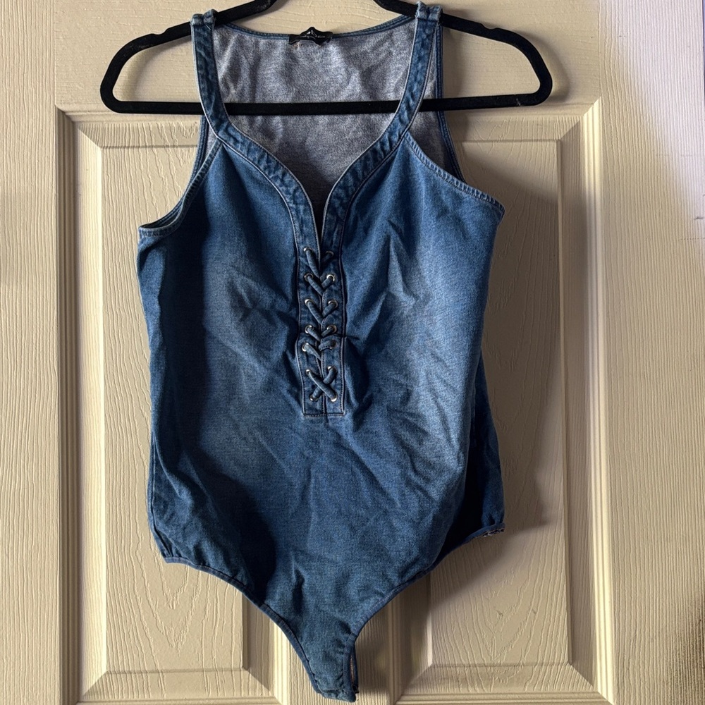 bebe Lace-Up Denim Blue Bodysuit